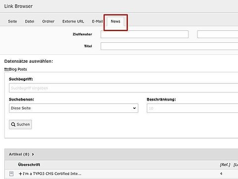 TYPO3 Link Browser mit Auswahl von News-rtikeln