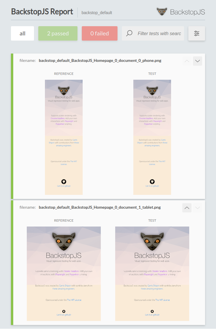 Screenshot of the BackstopJS Report showing no errors
