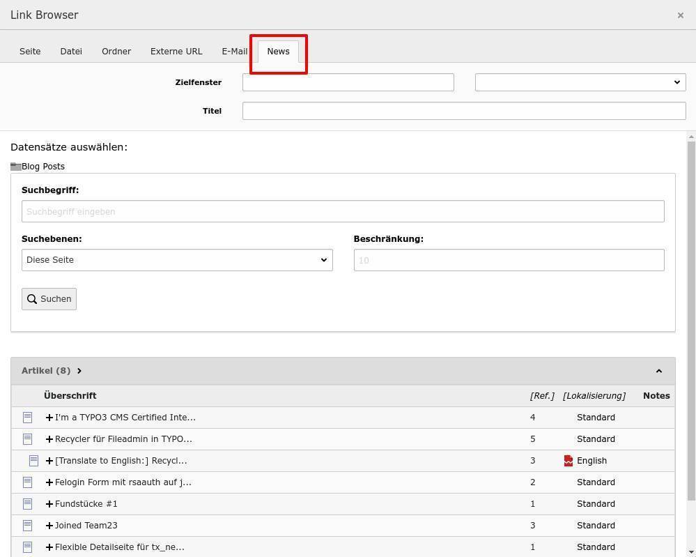 TYPO3 Link Browser mit Auswahl von News-rtikeln